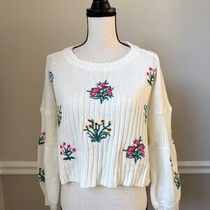 White Sweater with Colorful Floral Embroidery